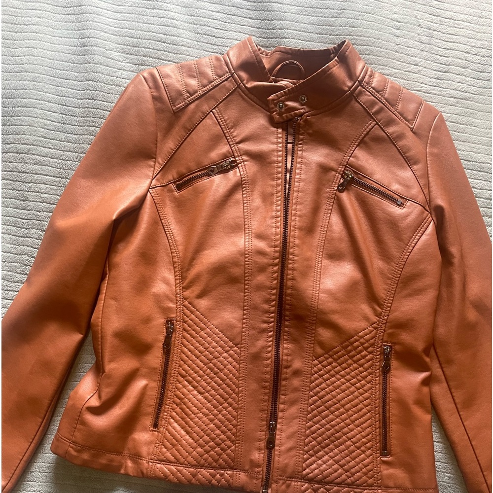 Women’s Faux Leather Zip Moto Jacket - Rust Orange